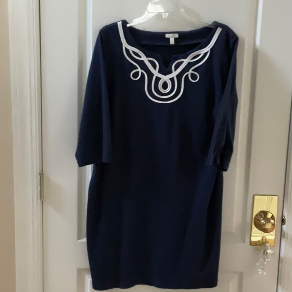 Talbots Blue and White Sheath Dress 3/4 Sleeve Crew Neck